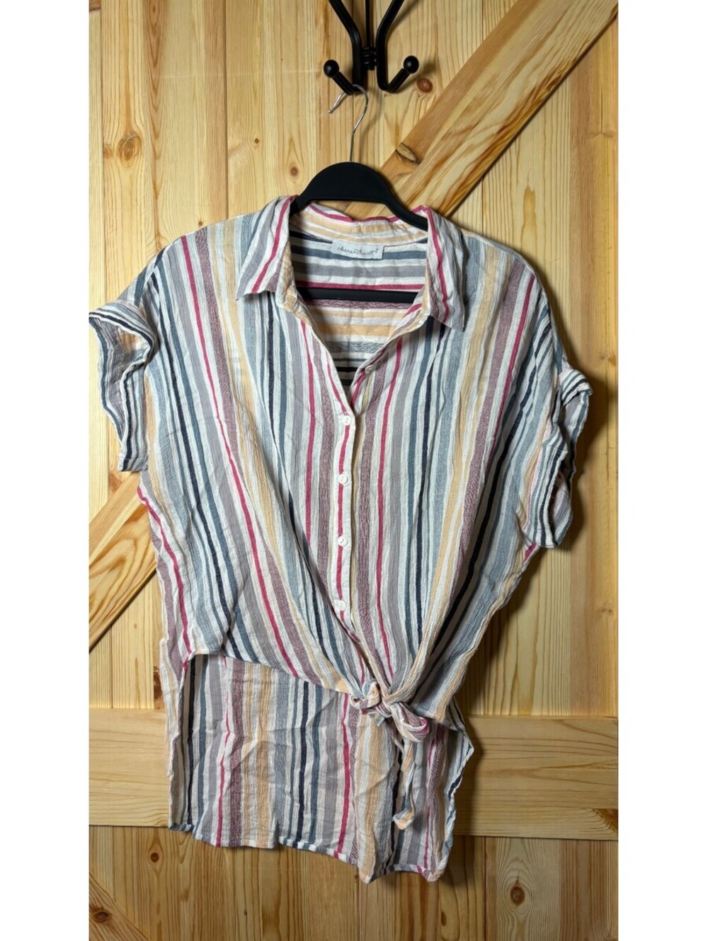 Keren Hart Striped Button-Up Blouse with Tie Front